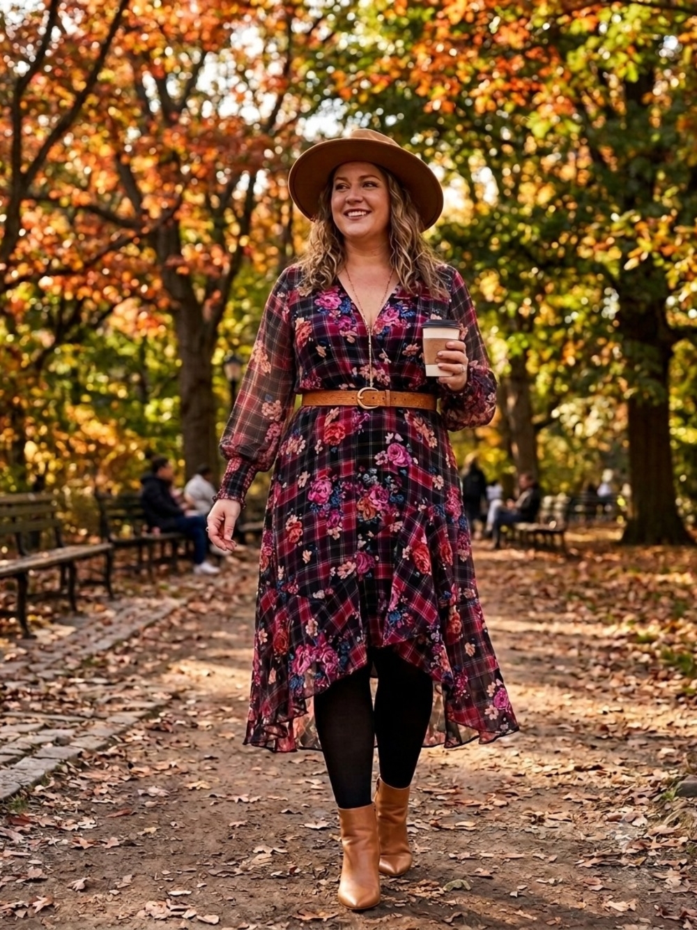 Taylor Women Floral Plaid Midi Dress in Burgundy, Plum, and Peach Size 16W